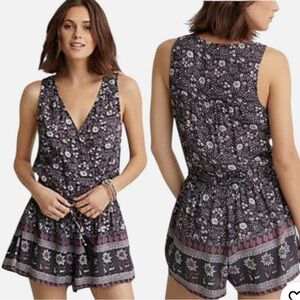 American Eagle Floral V- Neck Romper with Tassel Tie